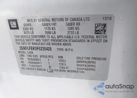 2015 Chevrolet Equinox 1Lt z USA, uszkodzony, nr VIN 2GNFLFEK5F6230428